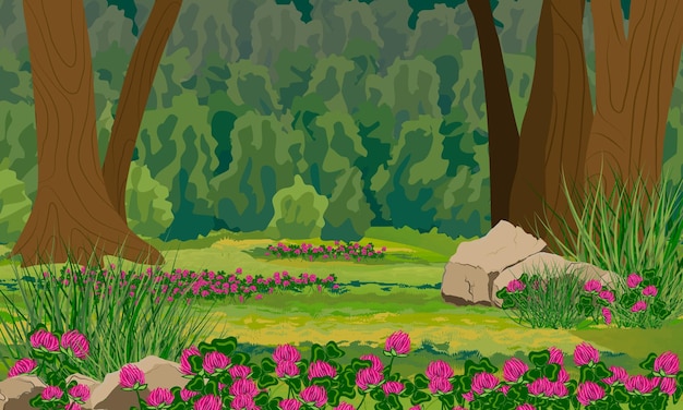 Glade con trébol floreciente en el bosque. Paisaje vectorial realista