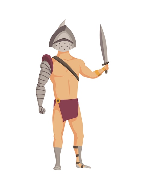 Vector gladiador de la antigua roma. vector personaje de guerrero romano en armadura con espada. ilustración plana en estilo de dibujos animados. hombre militante listo para la batalla.
