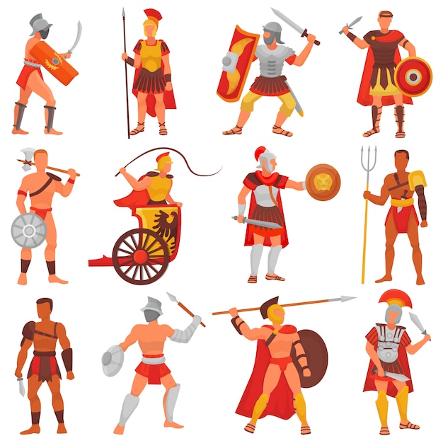 Gladiator vector guerrero romano personaje en armadura con espada o arma y escudo en la antigua roma ilustración conjunto de hombre griego warrio luchando en la guerra aislado