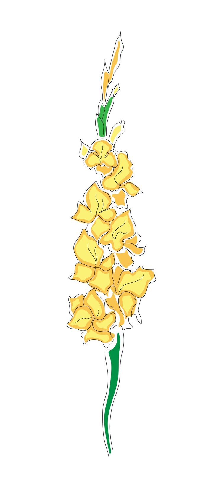 Vector gladiolus en el estilo de arte lineal con flor lineal de color amarillo para el logotipo de la plantilla de postal