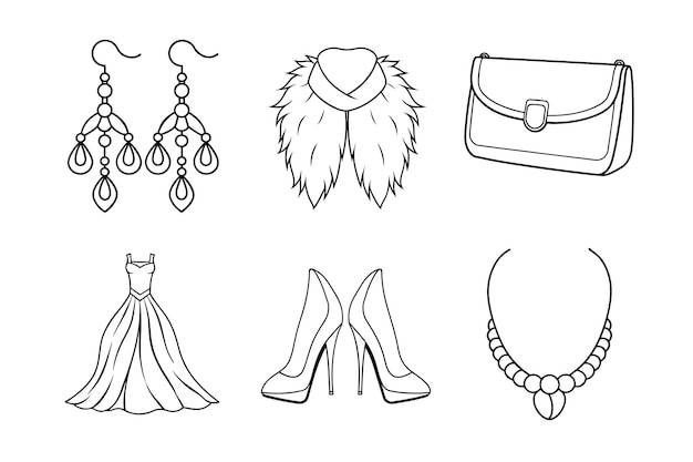 Glamour de la noche Vector Line Art Bundle con accesorios de moda elegantes