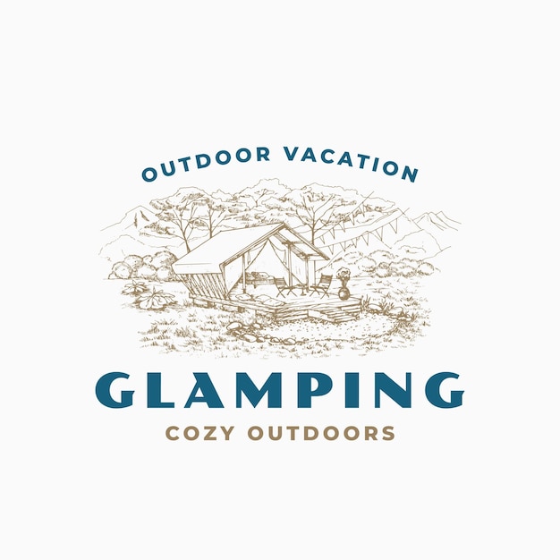 Vector glamping plantilla de logotipo retro dibujado a mano cómoda carpa al aire libre bosquejo de paisaje con tipografía emblema de boceto vintage aislado