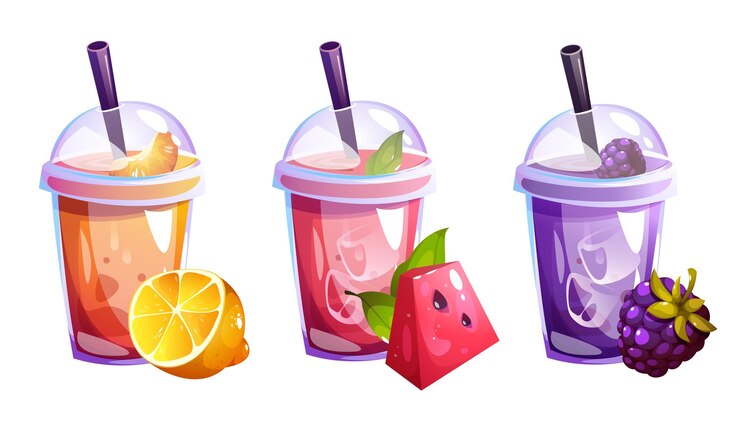 Glaseado de batidos de frutas y bayas batidos y frutas naturales en rodajas Ilustración vectorial de dibujos animados