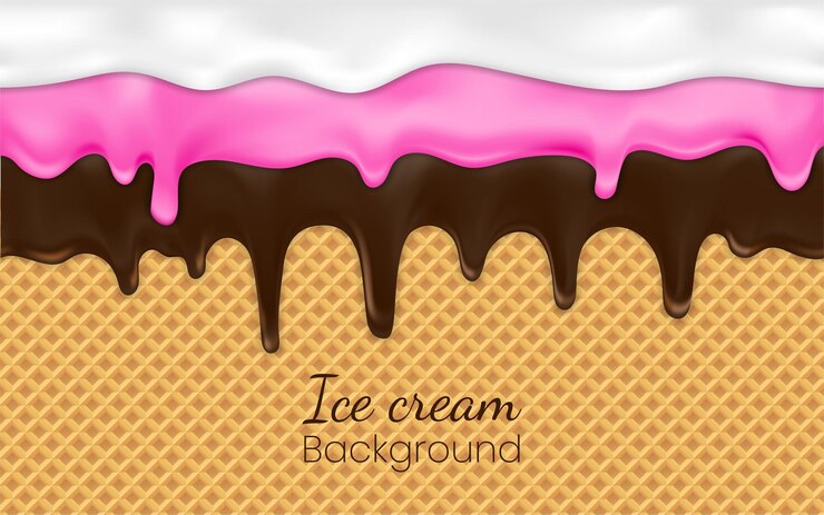 Vector glaseado blanco y cacao derretido o gota de salsa dulce sobre helado de barquillo o yogur helado