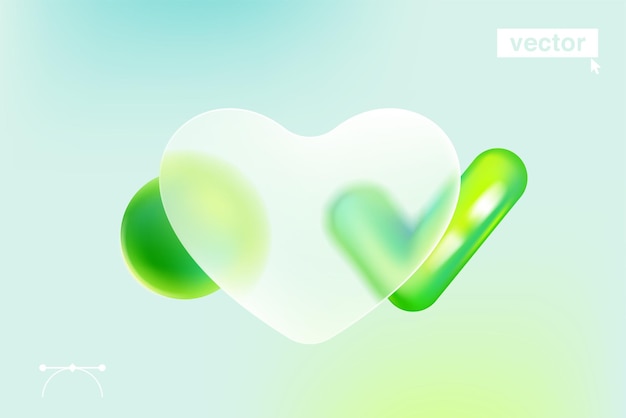 Glassmorphism estilo corazón transparente e icono de marca de verificación con esfera verde