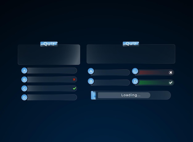 Glassmorphism quiz interface UI pack with glowing blue transparent buttons multiple choice answers and progress bar for modern app or game design