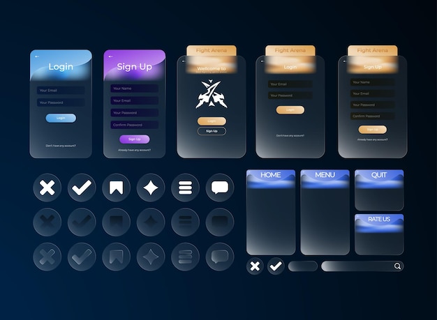 Glassmorphism RPG UI design pack with login screen sign up buttons and navigation icons in blue and orange gradient for mobile game interface