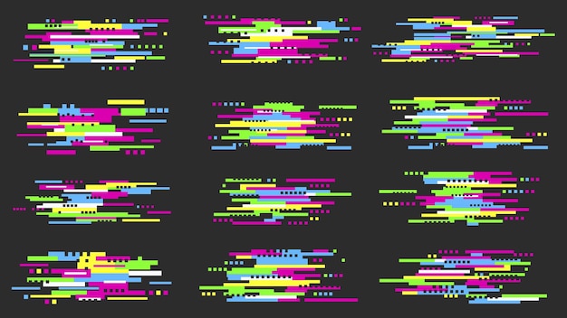 Glitches video textures graphic elements set Collection of abstract bright colours screen artifacts and noise digital distorted pattern of bad broken signal error code effect Vector illustration