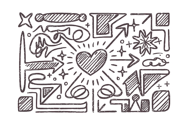 Glitter Pen Doodle Line Elements Cute Heart Arrow Star Sparkle Icons para la decoración del patrón de boceto