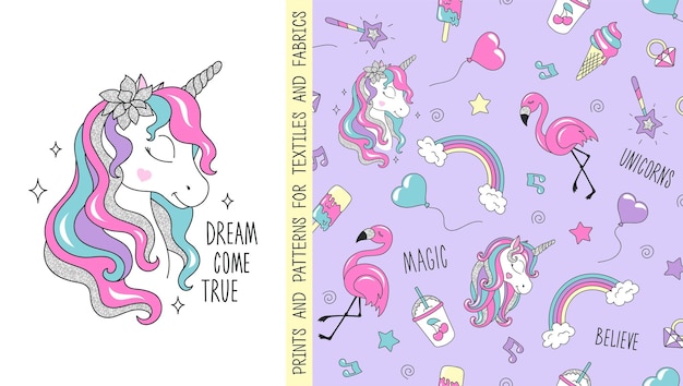 Glitter unicornio vector sin costuras patrón tarjeta cartel impresión diseño de camiseta para niños