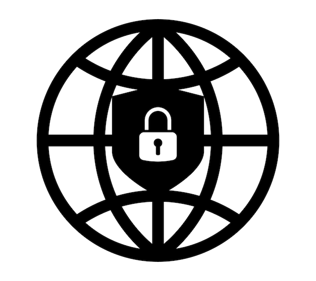 Global internet security icon with shield and padlock Symbol of online protection data privacy cybersecurity safe network and digital encryption Vector illustration for technology and web design