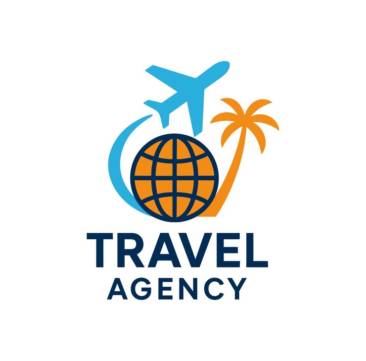 Global Travel Agency Logo Airplane Palm Tree and World Icon for Destination Branding