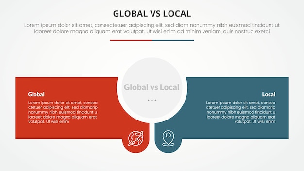 Global versus local versus comparación concepto infográfico opuesto para la presentación de diapositivas con centro de círculo y caja rectangular creativa con estilo plano