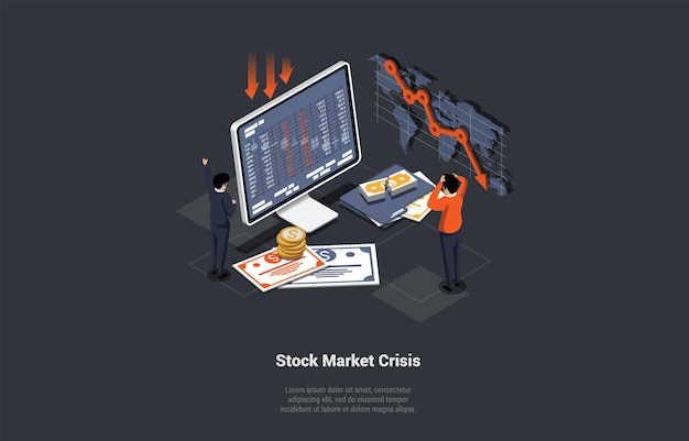 Global world financial crash concepto de crisis del mercado de valores los comerciantes impactados obtuvieron una llamada de margen y trataron de controlar la situación en la caída del mercado inflación bancarrota isométrica 3d vector ilustración