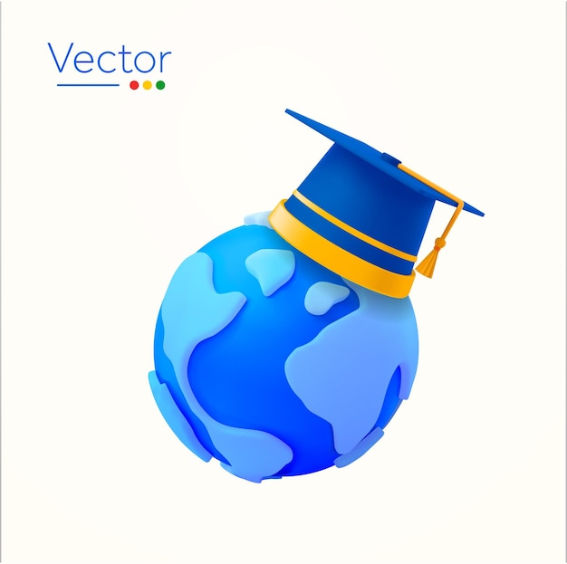 Vector globo 3d o tierra con gorra de graduación de mapa mundial o sombrero aislado sobre fondo blanco concepto para s