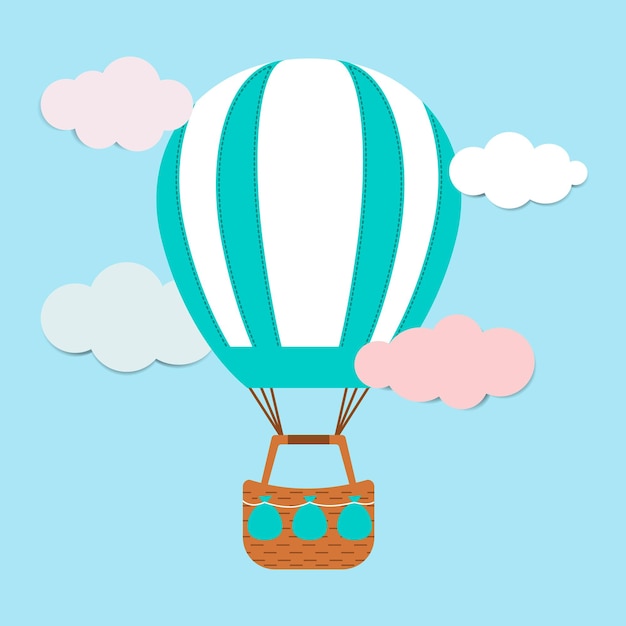 Globo aerostático con nubes rosas y azules contra el cielo azul