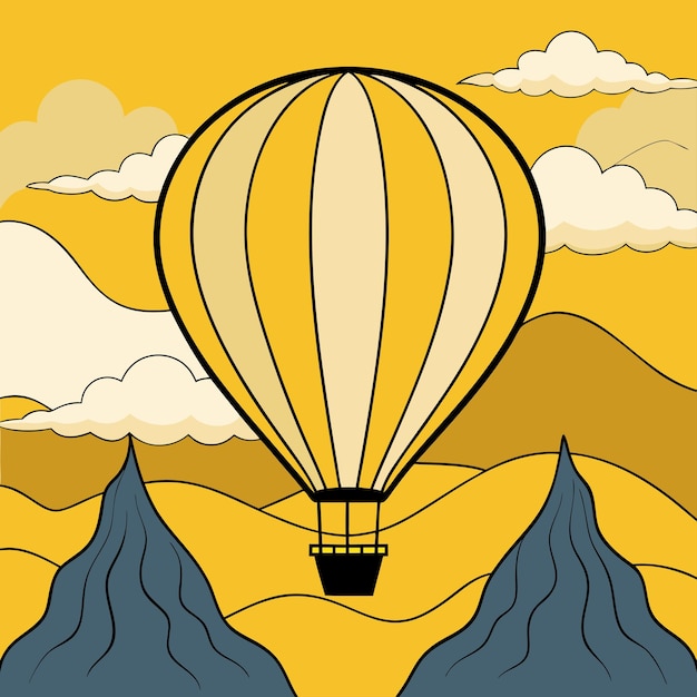 un globo de aire caliente amarillo y azul con una imagen de montañas en el fondo