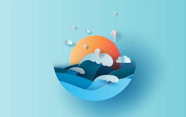 Globo de aire caliente blanco de la luz del sol del paisaje de la vista de las olas del mar. viaje en concepto de círculo de temporada de verano de vacaciones. Corte de papel de diseño gráfico y estilo artesanal. Fondo pastel de idea de verano de vacaciones simples