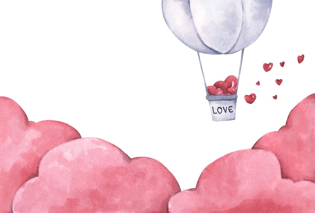 Globo de aire caliente con corazón flotando en el cielo. Ilustración del amor y el día de San Valentín. Ilustración de acuarela.