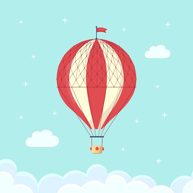 Globo de aire caliente retro vintage con canasta en el cielo