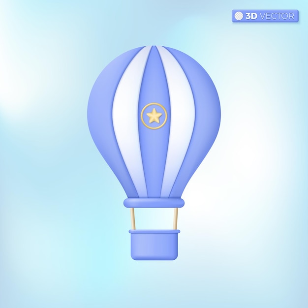 Un globo de aire caliente y símbolos de icono de estrella que viajan vacaciones de verano Aventura en avión Turismo vacaciones de ocio concepto de verano Ilustración aislada de vector 3D Pastel de dibujos animados Estilo mínimo