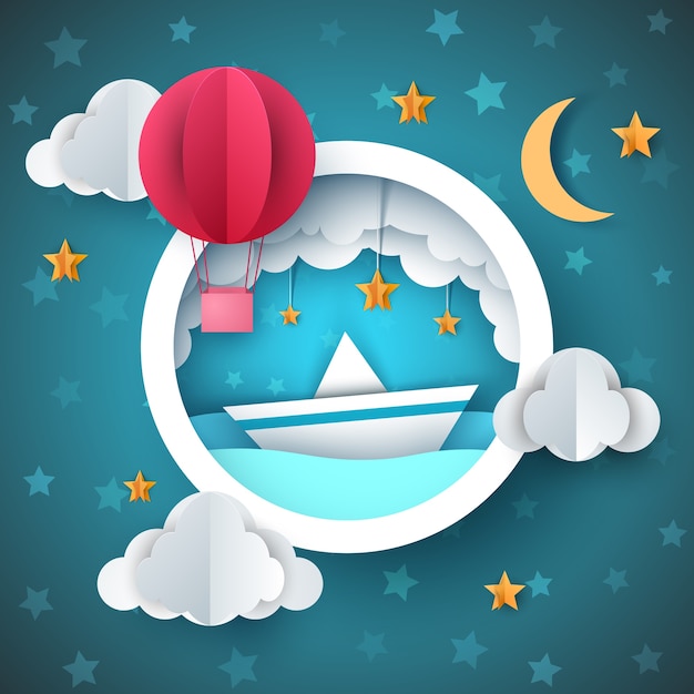 Globo de aire, ilustración de la nave. Paisaje de mar de dibujos animados.