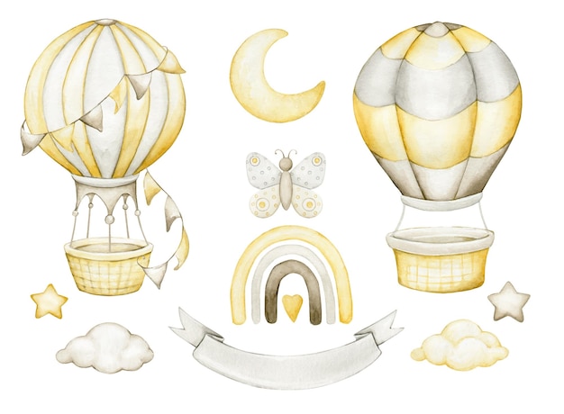 Un globo amarillo y marrón en color Acuarela clipart en estilo boho sobre un fondo aislado