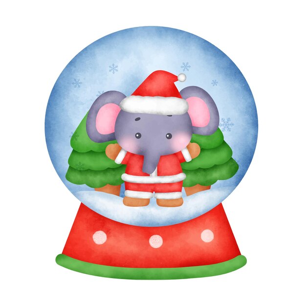 Globo de bola de nieve de navidad acuarela con un elefante.