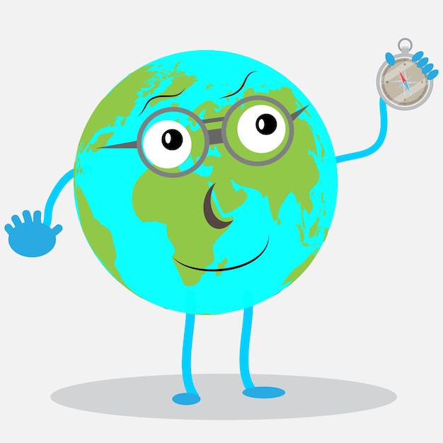 Globo de carácter con compas tierra dibujos animados global planeta mundo icono persona mapa y compas vector ilustración plana abstracta
