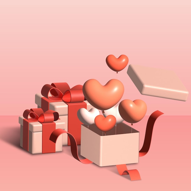 Vector un globo de corazón en una caja de regalos en 3d.