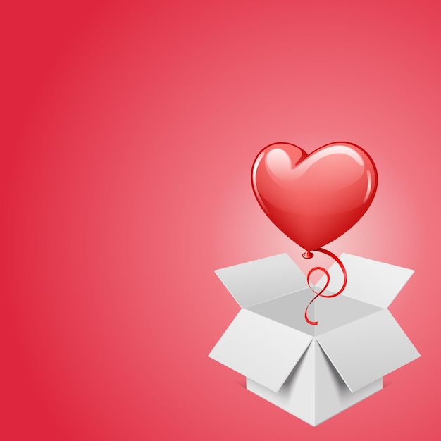 Globo de corazón volando fuera de la caja ilustración vectorial isométrica Sorpresa roja romántica saliendo de un contenedor de cartón gris