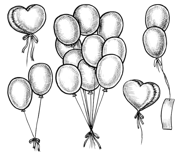 Globo dibujado a mano. Blanco y negro dibujado a mano volando globo de helio festivo doodle boceto paquete e ilustración única. Fiesta de cumpleaños, aniversario, conjunto de atributos del día de San Valentín