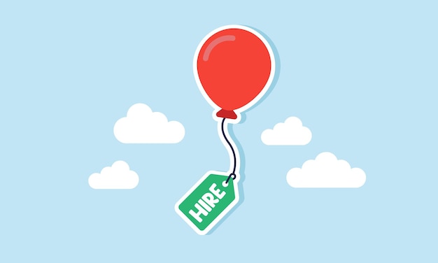 Un globo flotante con una cuerda unida a una etiqueta con la etiqueta HIRE