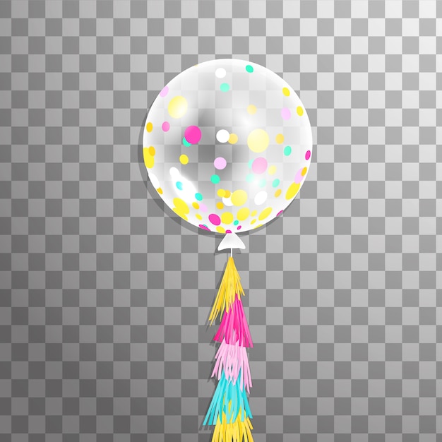Globo de helio transparente blanco con confeti de colores aislados en el aire. decoraciones de fiesta para cumpleaños, aniversario, celebración, evento. brillo globo transparente.