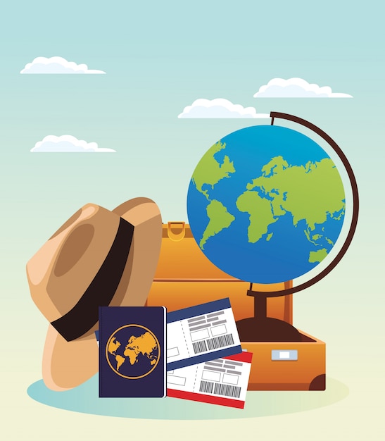 Globo y maleta de viaje y sombrero con brújula y pasaporte, colorido