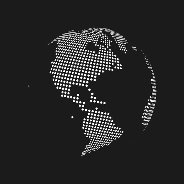 Globo de mapa del mundo de tierra 3d punteado blanco en fondo negro. Ilustración vectorial.