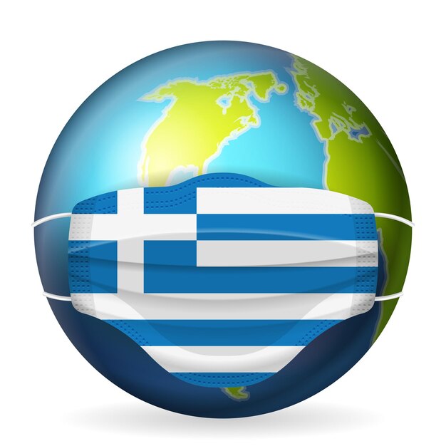 Globo mundial con máscara médica bandera de Grecia