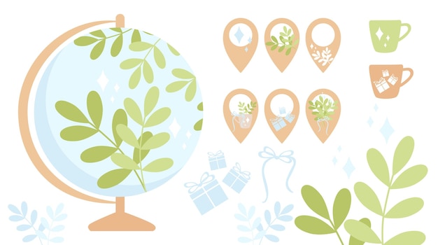 Globo navegación símbolos ramas de plantas sobre temas ecológicos iconos flores regalo destellos Vector colores pastel