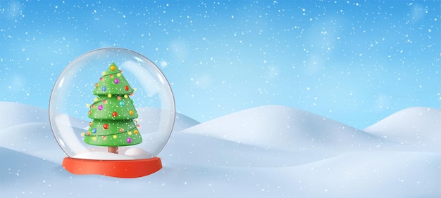 Globo de nieve 3d con árbol de Navidad en la nieve