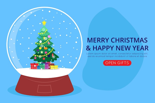 Globo de nieve de año nuevo con un árbol de Navidad con nieve que cae y copos de nieve en el interior. Imagen plana de vector lindo. Fondo para página de destino o sitio web.