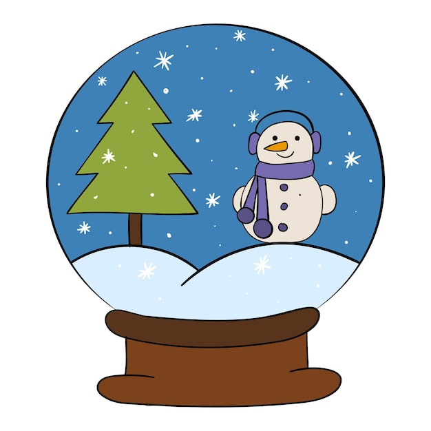 Un globo de nieve con un árbol de Navidad y una ilustración de vector de muñeco de nieve
