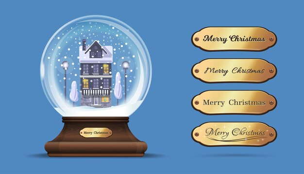 Globo de nieve con una casa bajo la nieve. esfera de cristal sobre un elegante pedestal de madera con letrero dorado intercambiable con inscripción de felicitación. feliz navidad. ilustración vectorial