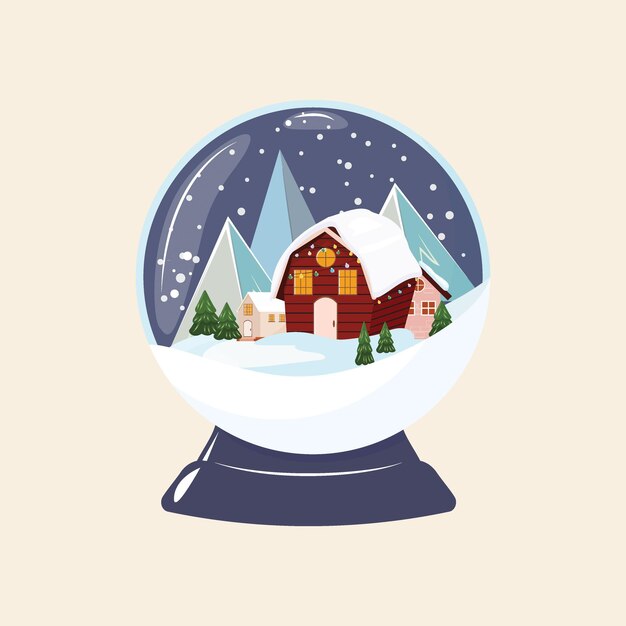 Globo de nieve moderno con una cabaña roja árboles de abeto montañas y casas