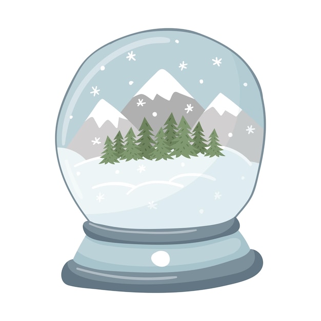 Un globo de nieve con montañas ventisqueros bosques y copos de nieve Elemento de diseño de atributo de Navidad plano dibujado a mano aislado en un fondo blanco Estilo plano dibujado a mano Ilustración de vector de color