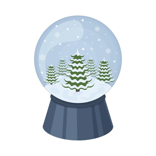 Globo de nieve de Navidad. Una bola de nieve con árboles de Navidad y copos de nieve. Un complemento navideño. Un juguete festivo. Ilustración de vector aislado sobre fondo blanco