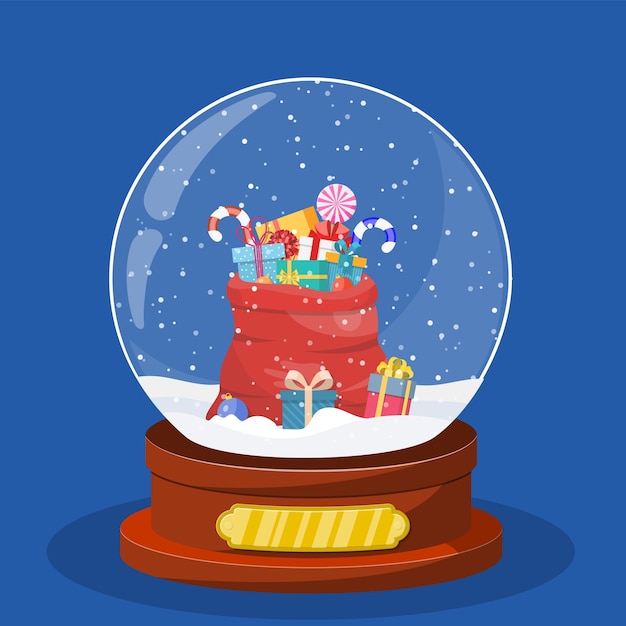 Globo de nieve de Navidad con bolsa roja con cajas de regalos en el interior Feliz fiesta de Navidad Año Nuevo y celebración de Navidad Ilustración vectorial en estilo plano