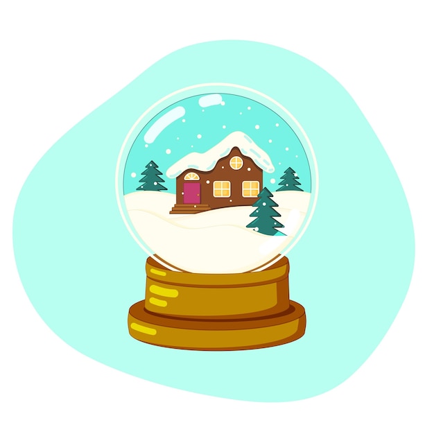 Globo de nieve de Navidad con casa pequeña y piceas dentro de la ilustración de vector de dibujos animados plana
