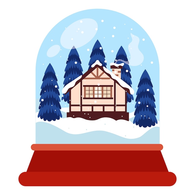 Globo de nieve de Navidad de dibujos animados con casa de madera en el interior