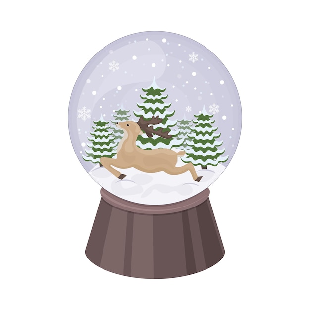 Globo de nieve de Navidad en estilo de dibujos animados. Una bola de nieve con un reno de Papá Noel y árboles de Navidad en el fondo. Un complemento navideño. Un juguete festivo. Ilustración vectorial