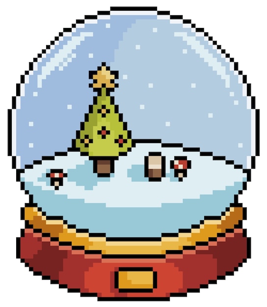 GLOBO DE NIEVE DE NAVIDAD DE PIXEL ART CON ARTÍCULO DE ÁRBOL DE NAVIDAD PARA JUEGO BIT SOBRE FONDO BLANCO